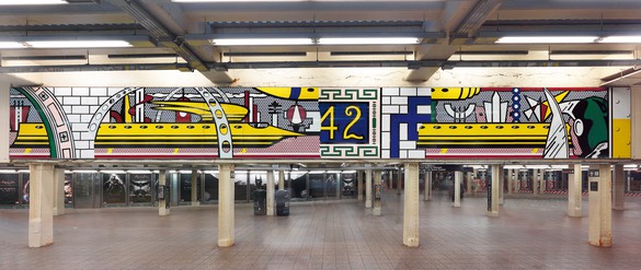 Roy Lichtenstein, Times Square Mural, 1990 (fabricated 1994, installed 2002) Porcelain enamel on steel, in 16 parts, overall: 73 inches × 53 feet (185.4 cm × 16.2 m), NYCT Times Square–42nd Street Station, commissioned by Metropolitan Transportation Authority Arts &amp; Design© Estate of Roy Lichtenstein