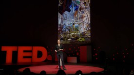 Video still of Sarah Sze speaking at a TED conference, Vancouver, BC, April 2019.