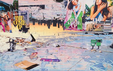 Painting by Urs Fischer featuring fragmented images of various objects collaged on a cityscape