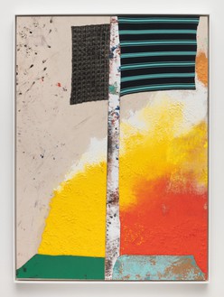 Sterling Ruby, WIDW. HELIOS (7058)., 2019 Acrylic, oil, elastic, cardboard, and treated fabric on canvas, framed: 73 ¾ × 53 ¾ × 3 ¼ inches (187.3 × 136.5 × 8.3 cm)© Sterling Ruby