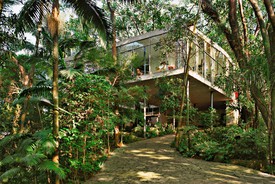 The exterior of Lina Bo Bardi’s Casa de Vidro in Sao Paulo Brazil