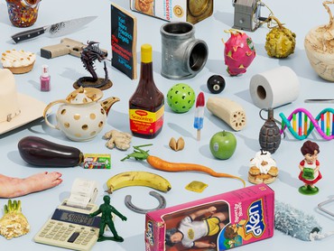 Various items including a Ken doll, toilet paper, and eight ball that are part of the one thousand digital objects from the CHAOS series by Urs Fischer