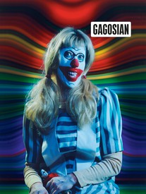 The cover of the Spring 2020 edition of the Gagosien Quarterly magazine. A Cindy Sherman photograph of herself dressed as a clown against a rainbow background.