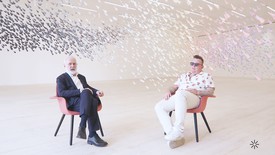Urs Fischer and Francesco Bonami speaking amidst the installation of "Urs Fischer: Lovers" at Museo Jumex, Mexico City