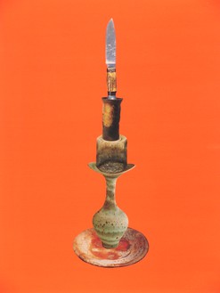 Sterling Ruby, Balanced Stack of Pottery and Knife, 2005 Collage on paper, 28 × 22 ½ inches (71.1 × 57.2 cm)© Sterling Ruby