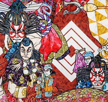 Takashi Murakami, 2020 The Name Succession of Ichikawa Danjūrō XIII, Hakuen, Kabuki Jūhachiban, 2023 (detail) Acrylic and glitter on canvas mounted on aluminum frame, 16 feet 4 ⅞ inches × 76 feet 5 ¾ inches (5 × 23.3 m)©️ 2023 Takashi Murakami/Kaikai Kiki Co., Ltd. All rights reserved. Photo: Thomas Lannes
