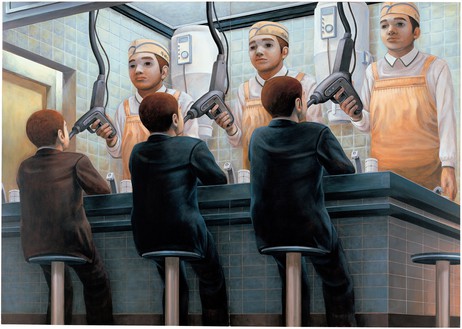Tetsuya Ishida, Refuel Meal, 1996 Acrylic on board, in 2 parts, overall: 57 ⅜ × 81 ⅛ inches (145.6 × 206 cm), Shizuoka Prefectural Museum of Art, Japan© Tetsuya Ishida Estate