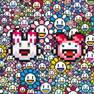 Takashi Murakami, Kaikai and Kiki with Murakami.Flowers, 2023 Acrylic on canvas mounted on aluminum frame, 39 ⅜ × 39 ⅜ inches (100 × 100 cm)©️ 2023 Takashi Murakami/Kaikai Kiki Co., Ltd. All rights reserved