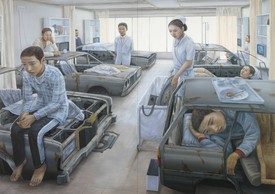 Tetsuya Ishida, Standing By, 1999, acrylic on board, in 2 parts, overall: 57 ¼ × 81 ⅛ inches (145.6 × 206.1 cm)
