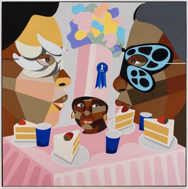 Painting featuring the profile of two black faces with carnival eye masks looking at each other over table with four pieces of sliced cake and a head sitting atop