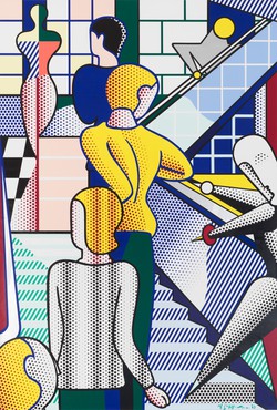 Students walking up a staircase at the Bauhaus school in German painted in colorful Ben-Day dots