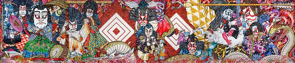 Takashi Murakami, 2020 The Name Succession of Ichikawa Danjūrō XIII, Hakuen, Kabuki Jūhachiban, 2023 Acrylic and glitter on canvas mounted on aluminum frame, 16 feet 4 ⅞ inches × 76 feet 5 ¾ inches (5 × 23.3 m)©️ 2023 Takashi Murakami/Kaikai Kiki Co., Ltd. All rights reserved. Photo: Thomas Lannes