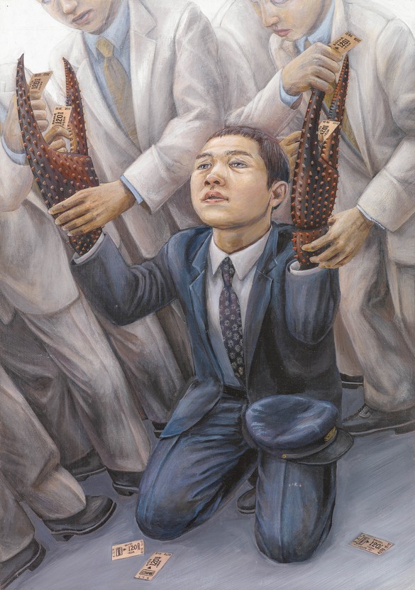 Tetsuya Ishida, Gripe, 1996, acrylic on board, 23 ⅜ × 16 ⅝ inches (59.4 × 42 cm), collection of Nick Taylor. Photo: Martin Wong