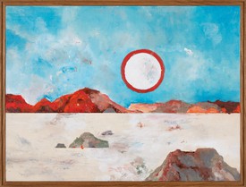 Harold Ancart, Untitled, 2021, oil stick and pencil on canvas, in artist’s frame depicting red mountain, blue sky, and sand landscape with a red-outlined moon.
