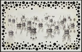 Ashley Bickerton, Grey Reflecting Heads No. 2, 2006, acrylic, ink, paper cutouts, felt, and steel pins on paper, 40 × 64 inches (101.1 × 162.5 cm)