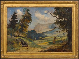 A painting with gold frame by Louis Michel Eilshemius. Landscape with single figure.