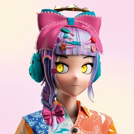 A Takashi Murakami painting of a female avatar with blue and pink hair: CLONE X #59 Harajuku-style Angel
